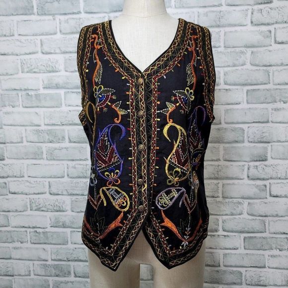 Vintage 90s Anchor Blue Womens S‎ Bright Embroidered Boho Floral Casual Vest - Picture 1 of 6